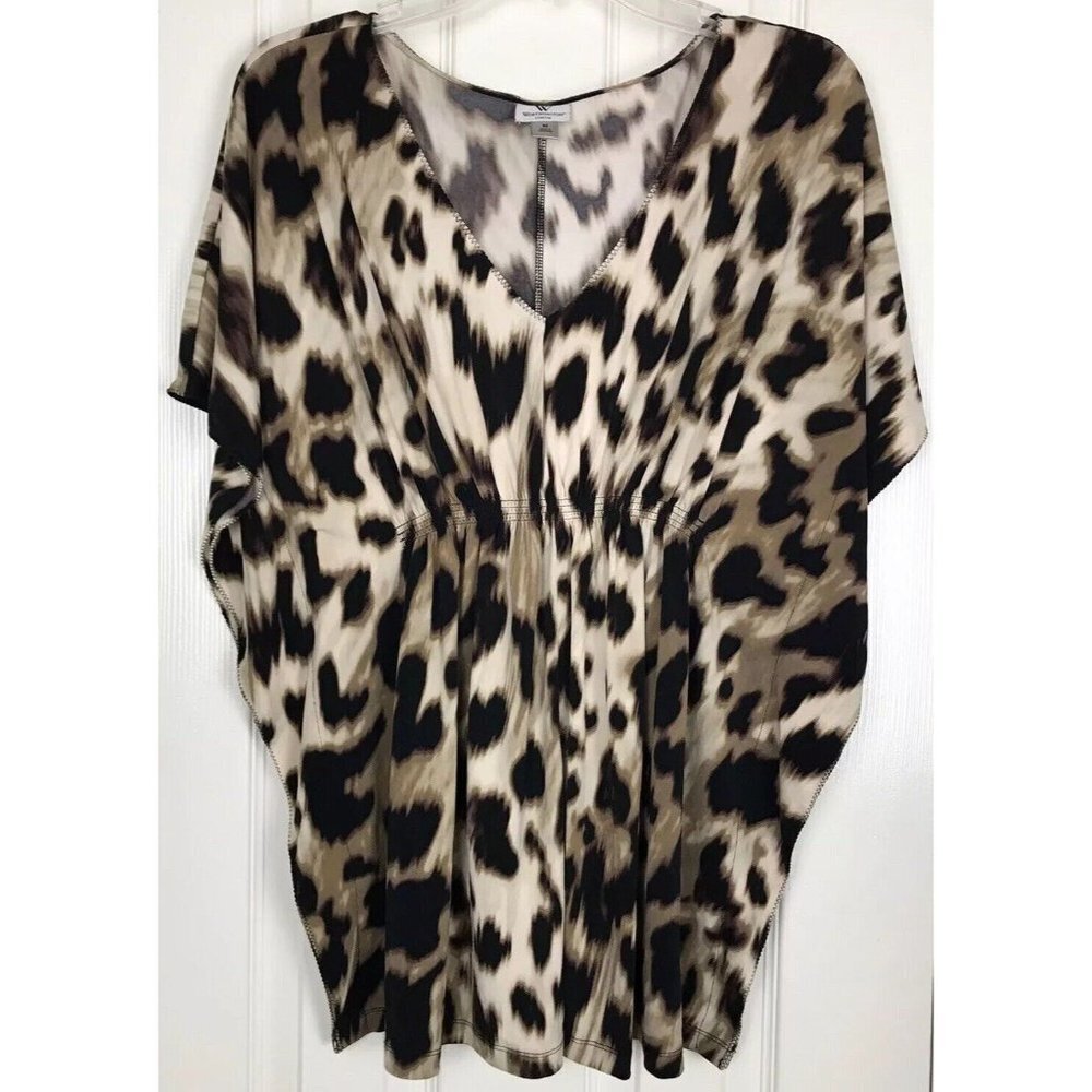 Worthington Women's Medium Leopard Print Pancho Style Top Stretch Gathered Waist